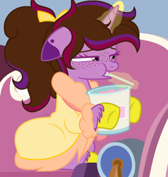 Size: 1092x1152 | Tagged: safe, artist:kapai882, artist:kathe, derpibooru import, oc, oc only, oc:kathe, pony, unicorn, clothes, freckles, horn, purple, solo, underwear, unicorn oc, yellow underwear