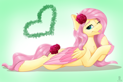 Size: 3000x2000 | Tagged: safe, artist:monsoonvisionz, derpibooru import, fluttershy, pegasus, pony, ;p, colored wings, colored wingtips, cute, daaaaaaaaaaaw, female, flower, flower in hair, freckles, freckleshy, gradient background, high res, looking at you, lying down, mare, multicolored wings, one eye closed, prone, rose, shyabetes, solo, tongue, tongue out, unshorn fetlocks, wings, wink, winking at you