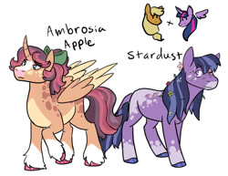 Size: 1024x789 | Tagged: safe, artist:moonstruck-badger, derpibooru import, applejack, twilight sparkle, twilight sparkle (alicorn), oc, oc:ambrosia apple, oc:stardust, alicorn, earth pony, pony, alicorn oc, appaloosa, bow, brother and sister, coat markings, earth pony oc, eye clipping through hair, eyebrows, eyebrows visible through hair, female, frown, hair bow, horn, lesbian, magical lesbian spawn, male, mare, offspring, one eye closed, parent:applejack, parent:twilight sparkle, parents:twijack, shipping, siblings, simple background, smiling, socks (coat marking), stallion, twijack, unshorn fetlocks, white background, wings