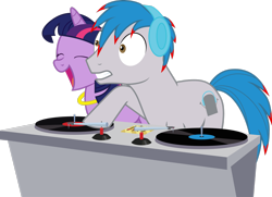 Size: 2876x2086 | Tagged: safe, artist:sdc2012, derpibooru import, twilight sparkle, unicorn twilight, oc, oc:the living tombstone, pony, unicorn, duo, eyes closed, female, headphones, male, mare, open mouth, simple background, stallion, transparent background, turntable, vector