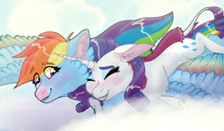 Size: 1280x752 | Tagged: safe, artist:bushkit, derpibooru import, rainbow dash, rarity, pegasus, pony, unicorn, blushing, cheek feathers, clothes, colored wings, eyes closed, female, flying, hug, leonine tail, lesbian, mare, multicolored wings, obtrusive watermark, rainbow wings, raridash, riding, scarf, shipping, spread wings, tail, watermark, wings