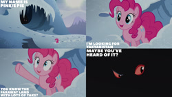 Size: 1280x720 | Tagged: safe, derpibooru import, edit, edited screencap, editor:quoterific, screencap, pinkie pie, earth pony, pony, party pooped, season 5, female, mare, open mouth, open smile, smiling, snow, text