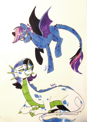 Size: 1983x2773 | Tagged: safe, artist:waackery-adoptables, derpibooru import, oc, oc only, dracony, hybrid, duo, flying, half-siblings, interspecies offspring, lying down, magical lesbian spawn, offspring, parent:princess ember, parent:rarity, parent:spike, parents:emberity, parents:sparity, traditional art