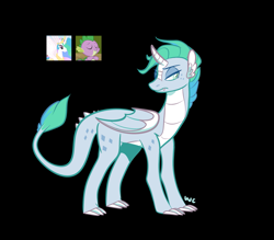 Size: 1643x1442 | Tagged: safe, artist:waackery-adoptables, derpibooru import, princess celestia, spike, oc, alicorn, dracony, dragon, hybrid, pony, black background, horn, interspecies offspring, offspring, parent:princess celestia, parent:spike, parents:spikelestia, simple background, solo