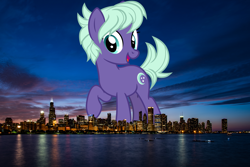 Size: 4000x2670 | Tagged: safe, artist:cheezedoodle96, artist:thegiantponyfan, derpibooru import, edit, night view, earth pony, pony, chicago, female, friendship student, giant pony, giant/macro earth pony, giantess, high res, highrise ponies, illinois, irl, looking at you, macro, mare, mega giant, open mouth, photo, ponies in real life, raised hoof, raised leg, smiling, solo