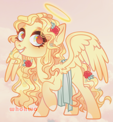 Size: 2101x2264 | Tagged: safe, artist:whohwo, derpibooru import, oc, oc only, angel, pony, base used, eyelashes, female, flower, flower in hair, grin, halo, mare, raised hoof, raised leg, simple background, smiling, solo, wings