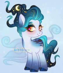 Size: 2596x3004 | Tagged: safe, artist:whohwo, derpibooru import, oc, oc only, earth pony, pony, base used, crescent moon, earth pony oc, ethereal mane, eyelashes, female, hoof polish, makeup, mare, moon, solo, starry mane