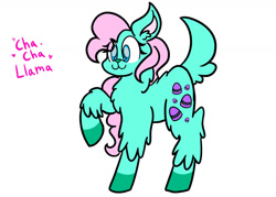 Size: 1280x915 | Tagged: safe, artist:katisnothere, derpibooru import, llama, g1, g4, cha cha, female, g1 to g4, generation leap, green coat, happy, pink hair, raised hoof, raised leg, simple background, solo, white background