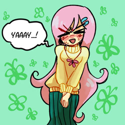 Size: 1280x1280 | Tagged: safe, artist:coughdropstastebad, derpibooru import, fluttershy, human, blushing, clothes, cutie mark accessory, cutie mark background, cutie mark necklace, female, humanized, jewelry, long hair, necklace, skirt, solo, speech bubble, standing, sweater, turtleneck, yay