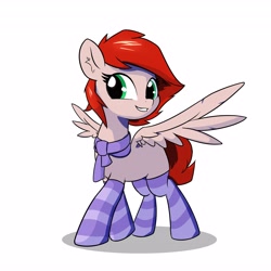 Size: 4096x4096 | Tagged: safe, artist:wenni, derpibooru import, oc, oc only, pegasus, pony, absurd resolution, clothes, ear fluff, ears, female, full body, grin, hair, looking at you, mare, pegasus oc, shadow, simple background, smiling, smiling at you, socks, solo, spread wings, standing, striped socks, tail, thigh highs, white background, wings