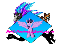 Size: 960x720 | Tagged: artist needed, safe, derpibooru import, edit, twilight sparkle, twilight sparkle (alicorn), alicorn, cat, dragon, crossover, irony, logo, looking at you, looking up, shadow, simple background, smiling, spread wings, white background, wings