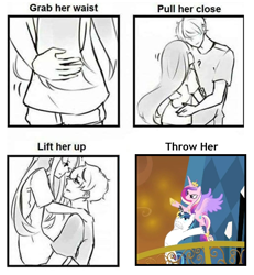 Size: 510x553 | Tagged: safe, derpibooru import, editor:leonidus, screencap, princess cadance, shining armor, alicorn, human, unicorn, season 3, the crystal empire, bipedal, comic, epic wife tossing, female, horn, horn crystals, husband and wife, instructions, magic suppression, male, married couple, meme, silly, text