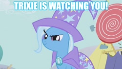 Size: 1280x720 | Tagged: safe, derpibooru import, edit, edited screencap, screencap, trixie, pony, unicorn, boast busters, season 1, cape, caption, clothes, female, hat, imgflip, mare, narrowed eyes, outdoors, smiling, solo, text, trixie's cape, trixie's hat