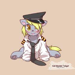 Size: 1200x1200 | Tagged: safe, artist:cold-blooded-twilight, derpibooru import, derpy hooves, pegasus, pony, blushing, clothes, female, filly, filly derpy, foal, hair over one eye, hat, looking at you, necktie, open mouth, open smile, oversized clothes, pilot, pilot derpy, simple background, sitting, smiling, smiling at you, solo, underhoof, younger