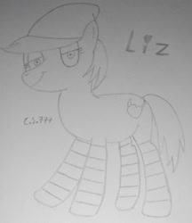 Size: 1483x1720 | Tagged: safe, artist:cardshark777, derpibooru import, oc, oc only, oc:liz (cardshark777), earth pony, pony, beanie, clothes, earth pony oc, female, hat, heart, lidded eyes, looking at you, mare, monochrome, signature, simple background, smiling, smiling at you, smug, socks, solo, striped socks, traditional art