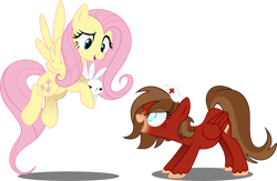 Size: 1280x837 | Tagged: safe, artist:tired-horse-studios, derpibooru import, fluttershy, oc, pegasus, pony, rabbit, animal, colored pupils, duo, duo female, female, flying, folded wings, freckles, hat, hoof hold, hooves, mare, nurse hat, open mouth, open smile, pegasus oc, shadow, show accurate, simple background, smiling, spread wings, standing, tail, transparent background, unshorn fetlocks, watermark, wings