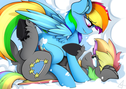 Size: 4093x2894 | Tagged: safe, artist:ahekao, derpibooru import, rainbow dash, oc, oc:dark rainbow, pegasus, pony, blushing, canon x oc, cloud, commission, cuddling, cute, darsh, day, eye contact, female, female on male, looking at each other, looking at someone, male, mare, on a cloud, pegasus oc, smiling, stallion, straight, ych result