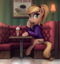 Size: 2300x2494 | Tagged: safe, artist:magfen, derpibooru import, oc, oc only, earth pony, pony, booth, cafe, clothes, coffee, confused, female, food, hoodie, lamp, latte, mare, poster, sitting, sofa, solo, straw, wondering