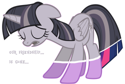 Size: 4000x2667 | Tagged: safe, artist:mrfoxington, artist:tardifice, artist:wardex101, derpibooru import, edit, edited edit, twilight sparkle, twilight sparkle (alicorn), alicorn, pony, discorded, discorded twilight, ears, eyes closed, female, floppy ears, folded wings, horn, mare, open mouth, sad, scene interpretation, simple background, solo, tail, text, transparent background, vector, wings
