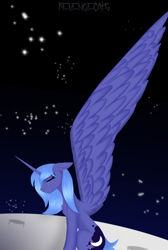 Size: 1148x1709 | Tagged: safe, artist:revenge.cats, derpibooru import, princess luna, alicorn, pony, crying, large wings, lineless, moon, on the moon, s1 luna, solo, space, stars, wings