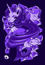 Size: 2867x4096 | Tagged: safe, artist:poxy_boxy, derpibooru import, opalescence, rarity, sweetie belle, cat, pony, unicorn, black background, blush sticker, blushing, eyes closed, female, filly, fire ruby, foal, gem, limited palette, mare, monochrome, open mouth, open smile, purplescale, ruby, signature, simple background, smiling, trio
