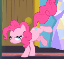 Size: 1067x991 | Tagged: safe, derpibooru import, screencap, pinkie pie, earth pony, pony, ail-icorn, spoiler:interseason shorts, badass, blue eyes, cropped, death stare, door, epic, glare, glaring daggers, kick, kicking, lidded eyes, pinkie pie is not amused, serious, serious face, solo, solo focus, twilight's bedroom, twilight's castle, unamused