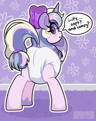 Size: 3189x4000 | Tagged: safe, artist:duckie, derpibooru import, oc, oc:desert sage, pony, unicorn, adult foal, bow, butt, diaper, diaper fetish, dock, eyebrows, eyebrows visible through hair, fetish, frog (hoof), hair bow, looking back, pigtails, plot, solo, speech bubble, tail, text, twintails, underhoof, unshorn fetlocks, wingding eyes