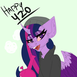 Size: 1280x1280 | Tagged: safe, artist:moodipone, derpibooru import, twilight sparkle, twilight sparkle (alicorn), alicorn, pony, 420, alternate hairstyle, beanie, bong, clothes, drugs, hat, high, highlight sparkle, hoodie, marijuana, solo