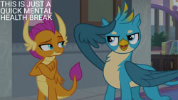 Size: 1280x720 | Tagged: safe, derpibooru import, edit, edited screencap, editor:quoterific, screencap, gallus, smolder, dragon, griffon, school daze, season 8, spoiler:s08, clothes, crossed arms, dragoness, duo, female, male, open clothes, open shirt, school of friendship, shirt, text, wing hands, wings