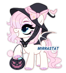 Size: 2000x2200 | Tagged: safe, artist:mirrastat, derpibooru import, oc, oc only, bat pony, pony, base used, bat pony oc, bat wings, bow, eyelashes, female, hat, hoof polish, mare, pumpkin bucket, simple background, solo, transparent background, wings, witch hat