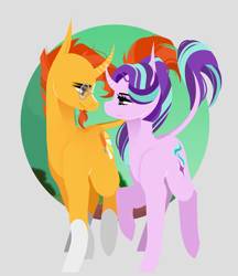 Size: 1300x1502 | Tagged: safe, artist:ryrxian, derpibooru import, starlight glimmer, sunburst, pony, unicorn, abstract background, coat markings, eye contact, eyelashes, female, glasses, leonine tail, looking at each other, male, mare, raised hoof, raised leg, shipping, smiling, smiling at each other, socks (coat marking), stallion, starburst, straight, tail