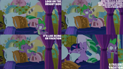 Size: 1280x720 | Tagged: safe, derpibooru import, edit, edited screencap, editor:quoterific, screencap, spike, twilight sparkle, twilight sparkle (alicorn), alicorn, dragon, pony, school daze, season 8, spoiler:s08, bed, cute, duo, duo female, eyes closed, female, male, mare, open mouth, open smile, pillow, smiling, spikabetes, text, twilight's castle