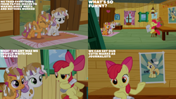 Size: 1280x720 | Tagged: safe, derpibooru import, edit, edited screencap, editor:quoterific, screencap, apple bloom, scootaloo, sweetie belle, earth pony, pegasus, pony, unicorn, ponyville confidential, season 2, ^^, adorabloom, apple bloom's bow, bow, camera, clubhouse, crusaders clubhouse, cute, cutie mark crusaders, eyes closed, female, filly, foal, hair bow, mud, newspaper, open mouth, open smile, smiling, text