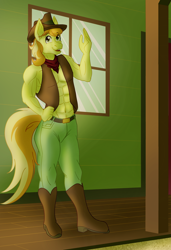 Size: 1950x2850 | Tagged: safe, artist:sixes&sevens, derpibooru import, braeburn, anthro, earth pony, bandana, boots, braeburn's hat, clothes, cowboy boots, hat, limited palette, male, muscles, nudity, partial nudity, porch, shoes, smiling, solo, topless, vest, waving