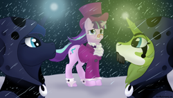 Size: 1280x720 | Tagged: safe, artist:greenlion, derpibooru import, princess luna, snowfall frost, starlight glimmer, oc, alicorn, pony, unicorn, a hearth's warming tail, artwork, green, snow, snowfall, spirit of hearth's warming yet to come