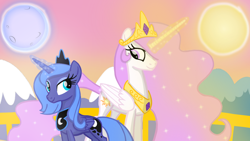 Size: 1280x720 | Tagged: safe, artist:mlplary6, derpibooru import, princess celestia, princess luna, alicorn, pony, female, looking at each other, looking at someone, mare, moon, mountain, pink-mane celestia, royal sisters, s1 luna, siblings, sisters, smiling, sun