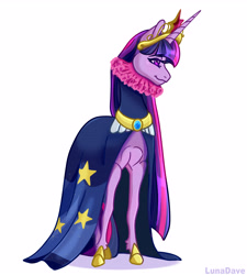 Size: 4632x5136 | Tagged: safe, artist:luna dave, derpibooru import, twilight sparkle, pony, unicorn, big crown thingy, cape, clothes, commission, element of magic, female, jewelry, mare, older, realistic horse legs, regalia, ruff (clothing), simple background, solo