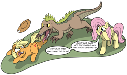 Size: 3367x1982 | Tagged: safe, artist:pony-thunder, derpibooru import, applejack, fluttershy, dinosaur, earth pony, pegasus, pony, velociraptor, comic, female, mare, simple background, white background