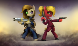 Size: 4950x2970 | Tagged: safe, artist:magfen, derpibooru import, oc, oc only, earth pony, pony, fanfic:rekindled embers, bipedal, gun, weapon