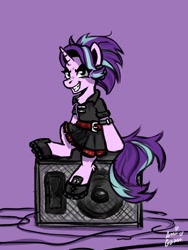 Size: 1500x2000 | Tagged: safe, artist:ami-gami, derpibooru import, starlight glimmer, pony, unicorn, alternate hairstyle, boots, clothes, dress, grin, shoes, smiling, solo, speaker