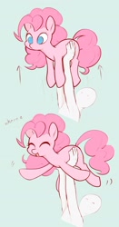 Size: 1849x3537 | Tagged: safe, artist:noupu, derpibooru import, pinkie pie, earth pony, human, pony, cute, diapinkes, eyes closed, female, happy, holding a pony, male, mare, open mouth, open smile, simple background, smiling, text