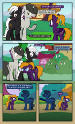 Size: 1920x3168 | Tagged: safe, artist:alexdti, derpibooru import, oc, oc only, oc:bass sparks, oc:brainstorm (alexdti), oc:purple creativity, oc:shadow gear, oc:star logic, bat pony, earth pony, pegasus, pony, unicorn, comic:quest for friendship, angry, bat pony oc, bat wings, bush, butt, comic, dialogue, dot eyes, ear fluff, ear piercing, ear tufts, earring, ears, ears back, earth pony oc, eyes closed, facial hair, fangs, female, folded wings, frown, high res, hooves, horn, jewelry, looking at someone, looking back, male, mare, narrowed eyes, open mouth, open smile, outdoors, pegasus oc, piercing, plot, ponytail, raised hoof, raised leg, shadow, shrunken pupils, smiling, speech bubble, stallion, standing, tail, unamused, underhoof, unicorn oc, walking, wall of tags, wings