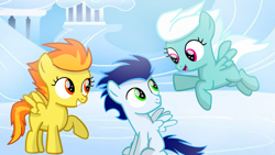 Size: 1280x720 | Tagged: safe, artist:mlplary6, derpibooru import, fleetfoot, soarin', spitfire, pegasus, pony, colt, colt soarin', female, filly, filly fleetfoot, filly spitfire, flying, foal, male, smiling, younger