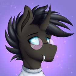 Size: 5000x5000 | Tagged: safe, artist:trast113, derpibooru import, oc, changeling, pony, bust, commission, glasses, horn, male, portrait, solo, stallion