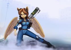 Size: 2048x1434 | Tagged: safe, artist:mrscroup, derpibooru import, oc, oc only, anthro, pegasus, anthro oc, boots, clothes, energy weapon, fallout, female, gun, jumpsuit, laser rifle, mare, no tail, shoes, solo, vault suit, weapon