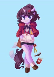 Size: 2898x4096 | Tagged: safe, artist:saxopi, derpibooru import, oc, oc only, semi-anthro, unicorn, bag, blue background, bow, cheek fluff, clothes, dr pepper, ear fluff, ears, eyebrows, eyebrows visible through hair, hand in pocket, high res, hoodie, hoof shoes, horn, looking at you, paper, paper bag, simple background, solo, tongue, tongue out, unicorn oc