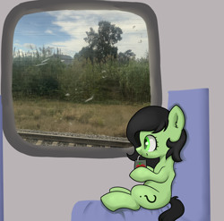 Size: 3022x2986 | Tagged: safe, artist:dumbwoofer, derpibooru import, oc, oc:anon filly, chair, female, filly, foal, irl, juice, juice box, photo, sitting, train, tree, window