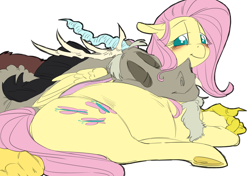 Size: 2508x1764 | Tagged: safe, artist:snspony, derpibooru import, discord, fluttershy, draconequus, pegasus, pony, blushing, discoshy, female, lying down, lying on top of someone, male, mare, on side, pregnant, shipping, simple background, smiling, straight, white background