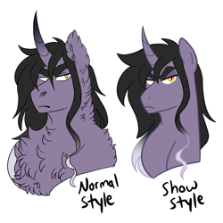 Size: 3000x3000 | Tagged: safe, artist:gingygin, derpibooru import, oc, oc only, oc:penumbra, pony, unicorn, bust, chest fluff, ear fluff, ears, fluffy, frown, male, offspring, parent:king sombra, parent:twilight sparkle, parents:twibra, simple background, solo, stallion, white background