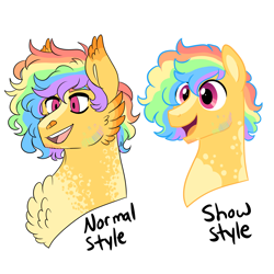 Size: 3000x3000 | Tagged: safe, artist:gingygin, derpibooru import, oc, oc only, oc:carnival frenzy, pegasus, pony, bust, cheek feathers, chest fluff, coat markings, duality, ear fluff, ears, facial hair, high res, male, multicolored hair, open mouth, open smile, pegasus oc, rainbow hair, simple background, smiling, solo, stallion, white background